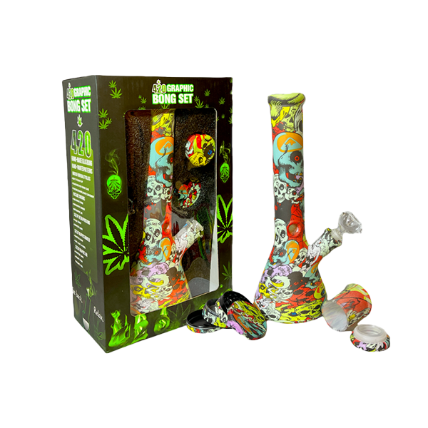 420 Graphic Glass Bong Set 14"+ 50mm 4Part Grinder + Stash Jar- OSH114 - GS1194