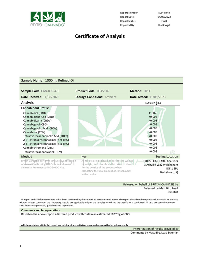 Hempura 1000mg CBD Broad Spectrum Oil Refined with terpenes - 10ml